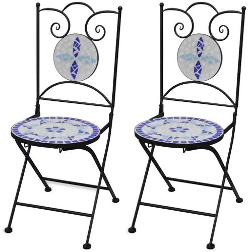 Chaises Pliables De Bistro En Ceramique Bleu Et Blanc | 2 Pieces, Resistantes A L'eau, Cadre En Fer Enduit Poudre, Compactes, Gain De Place, 110 Kg Charge Max