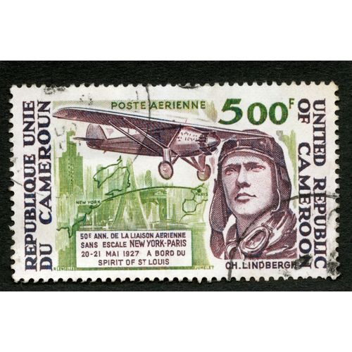 Timbre Oblitéré République Unie Du Cameroun, 50e Ann. De La Liaison Aérienne Sans Escale New York - Paris 20-21 Mai 1927 À Bord Du Spirit Of St Louis, Poste Aérienne, 500 F, Ch Lindbergh
