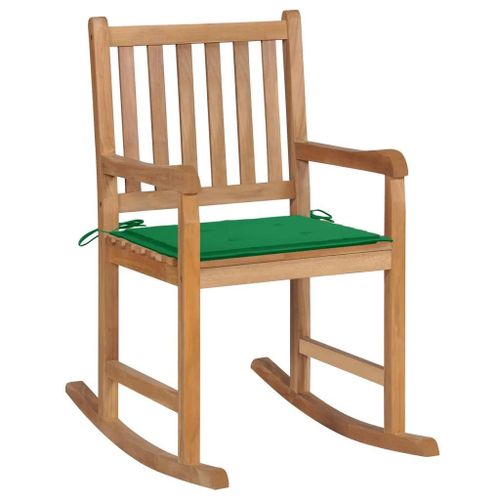 Chaise A Bascule En Bois De Teck Solide | Avec Coussin Vert, Durable Pour Interieur Et Exterieur, Soutien Ergonomique, Poids Max 110 Kg
