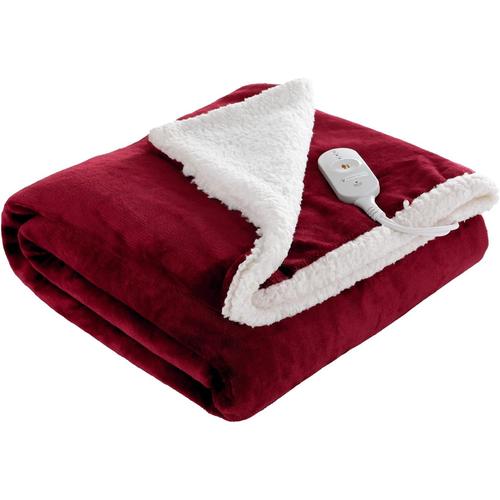 Couverture Chauffante 180 x 130 cm TLGREEN Plaid Chauffant Electrique Flanelle 3 Niveaux de Chauffage Vin Rouge