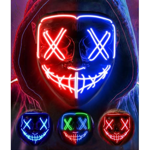 Led Masque Halloween, Effrayant Led Masque Visage, La Purge Masque Lumineux 3 Modes D'éclairage, Masque Led Pour Les Carnavals, Les Bals Masqués Et Les Soirées Costumées De Cosplay - Bleu Et Rouge