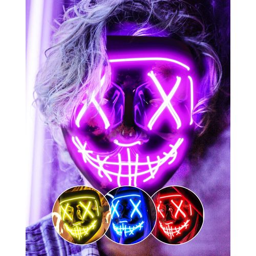Led Masque Halloween, Effrayant Led Masque Visage, La Purge Masque Lumineux 3 Modes D'éclairage, Halloween Masque Led Pour Les Carnavals, Les Bals Masqués Et Les Soirées Costumées De Cosplay-Violet