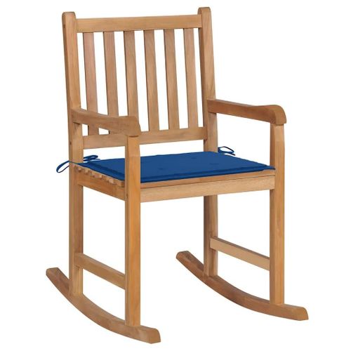Chaise A Bascule En Bois De Teck Avec Coussin Bleu Royal | Durable, Usage Interieur/Exterieur, Support 110 Kg, Confort Optimal