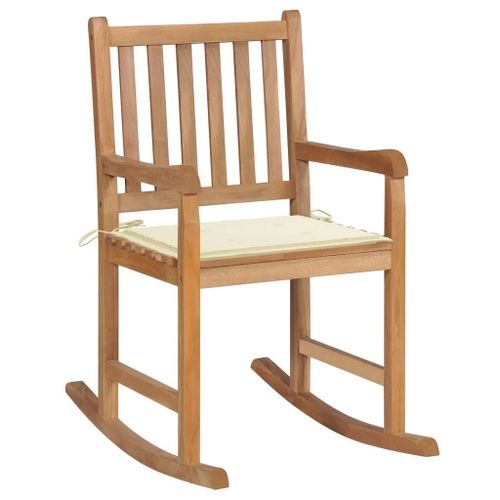 Chaise A Bascule En Bois De Teck Solide | Avec Coussin Creme, Usage Interieur/Exterieur, Resistant Aux Intemperies, Support 110 Kg