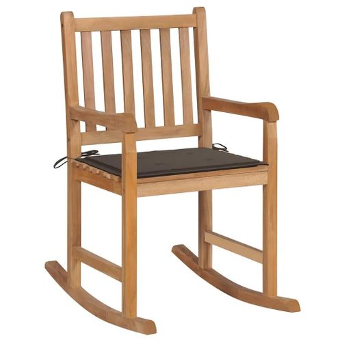 Chaise A Bascule En Bois De Teck Massif | Avec Coussin Taupe, Usage Interieur/Exterieur, Resistant Aux Intemperies, Support 110 Kg