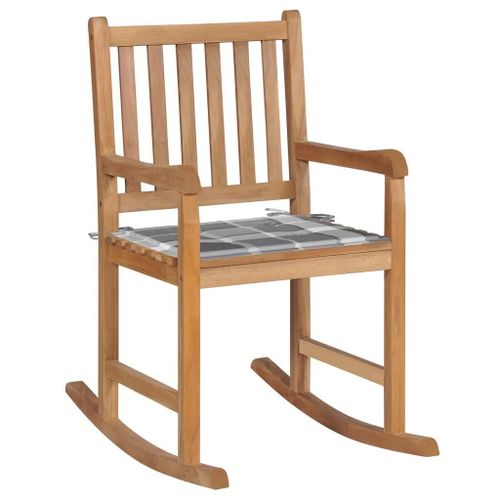 Chaise A Bascule En Bois De Teck | Avec Coussin A Carreaux Gris, Durable, Usage Interieur/Exterieur, Support 110 Kg