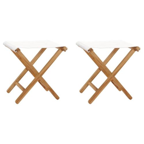 Chaises Pliables En Bois De Teck Et Tissu Blanc Creme | Lot De 2, Compact, Gain De Place, Resistant Aux Intemperies, 110 Kg Par Siege