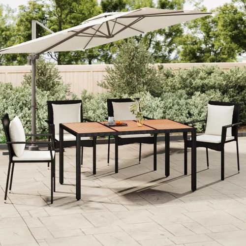 Table De Jardin En Bois D'acacia Massif Et Resine Tressee Noir | Plateau Bois, Cadre Acier, Resistant Aux Intemperies, Compact Pour Terrasse Et Exterieur