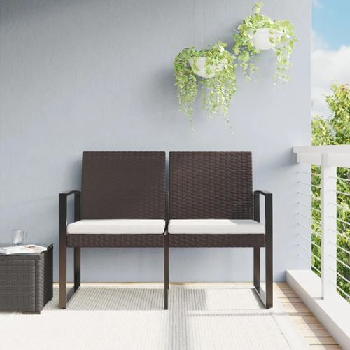 Banc De Jardin En Pp Rotin Et Acier | 2 Places Avec Coussins Marron, Compact, Confortable, Resistant Aux Intemperies