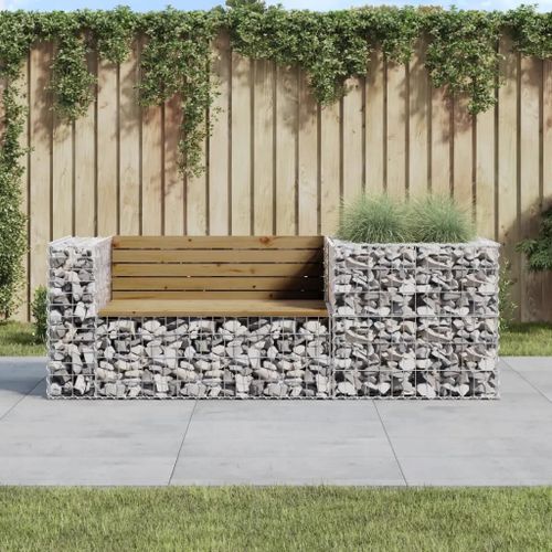 Banc De Jardin Avec Panier En Gabion En Bois De Pin Impregne | Structure En Acier Galvanise, Compact, Design Rustique, Maximum 110 Kg Par Siege