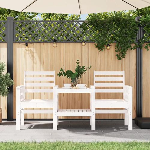 Banc De Jardin Avec Table En Bois Massif De Pin Blanc | 2 Places, Dossier Ergonomique, Table Integree Pour Boissons, Design A Lattes Anti-Eau, Gain D'espace