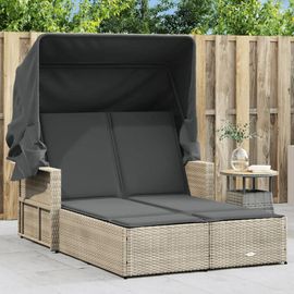 Chaise Longue Double Avec Auvent Et Coussins Gris Clair Rotin