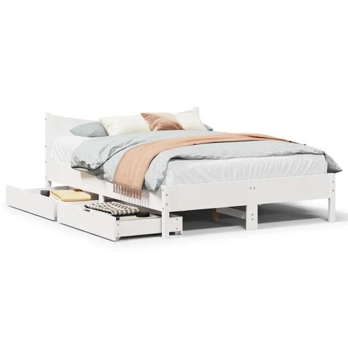 Cadre De Lit Avec Tiroirs Blanc 140x190 Cm Bois De Pin Massif