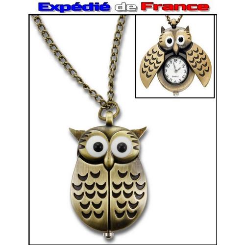 Collier Sautoir Boho Avec Pendentif Mini Montre "Chouette Hibou" Aspect Bronze Cuivre Vieilli - Hippie Chic