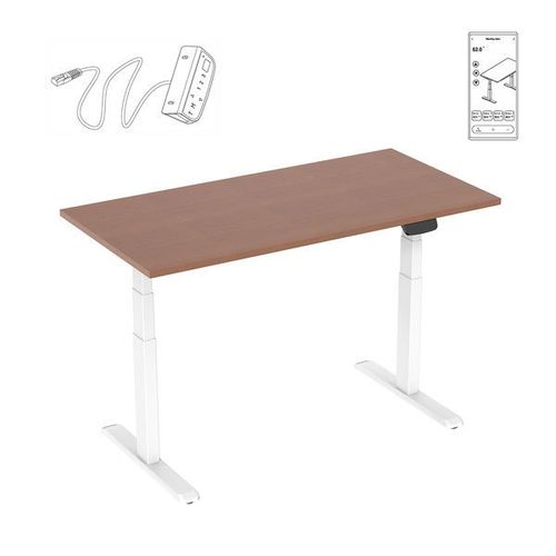 Bureau Motorisé Assis-Debout 150x75cm Plateau Noyer/Pied Blanc, Connecté