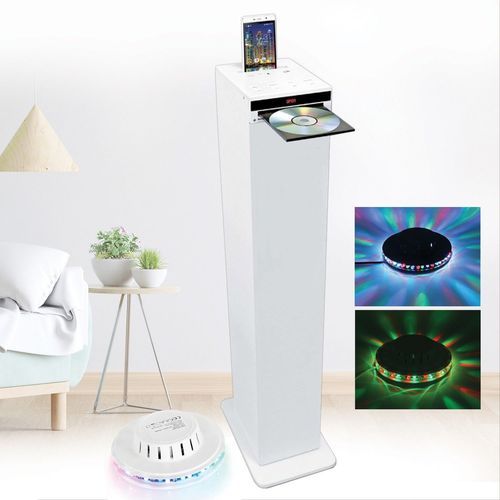 Tour de son blanche 60W avec lecteur CD, Bluetooth, FM et USB, télécommande, Jeu de lumière OVNI LED BLANC