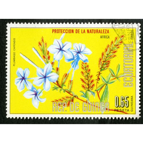 Timbre Oblitéré Rep. De Guinea Ecuatorial, Proteccion De La Naturaleza Africa, Plumbago Capensis, 0.65 Peseta, Correos