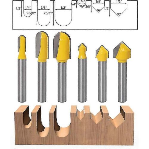 , 1/4 pouces Shank Router Bits, 3pcs Round Nose Countersink et 3pcs V Groove Countersink 90 degrés Gravure V Groove Bit Cutter Tool pour le travail du bois S