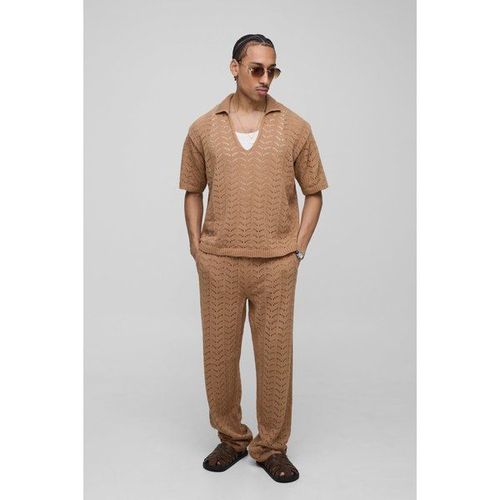 Ensemble En Maille Texturée Avec Pantalon Oversize Et Polo Homme - Taupe - M, Taupe