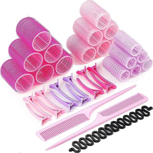 37pcs Fers À Friser Avec Clips - 18 Rouleaux De Curling Auto-Agrippants - 48mm, 36mm, 25mm L 12 Barrettes À Bec De Canard (Couleur Aléatoire) L 2 Peignes 1 Ensemble De Tressage A