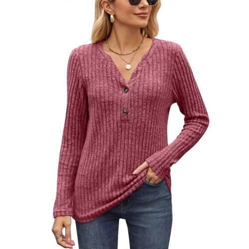 Femmes À Manches Longues Tops Casual Col V Pulls Dames Solide Lightwight Tunique En Tricot Avec Button(M)Red