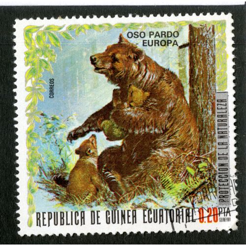 Timbre Oblitéré Republica De Guinea Ecuatorial, Proteccion De La Naturaleza, Oso Pardo - Europa, 0.20 Pta