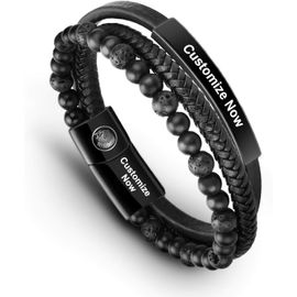 Bracelet Homme - Bracelet Cuir Homme Manchette Tressé À La Main Classique Noir Et Brun Avec Fermoir Magnétique Gravé Cadeau Bijoux Gratuit En Boîte.[V752]