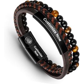 Bracelet Homme - Bracelet Cuir Homme Manchette Tressé À La Main Classique Noir Et Brun Avec Fermoir Magnétique Gravé Cadeau Bijoux Gratuit En Boîte.[V746]