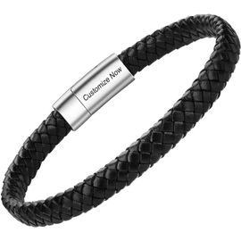 Bracelet Homme - Bracelet Cuir Homme Manchette Tressé À La Main Classique Noir Et Brun Avec Fermoir Magnétique Gravé Cadeau Bijoux Gratuit En Boîte.[V681]