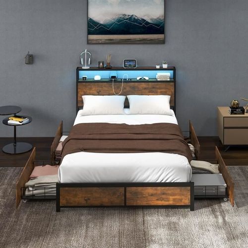 Costway Lit Double Industriel Pour Adulte Avec 4 Tiroirs Et Tête De Lit Lumineuse Led 140x200cm Cadre De Lit Avec Prise De Courant
