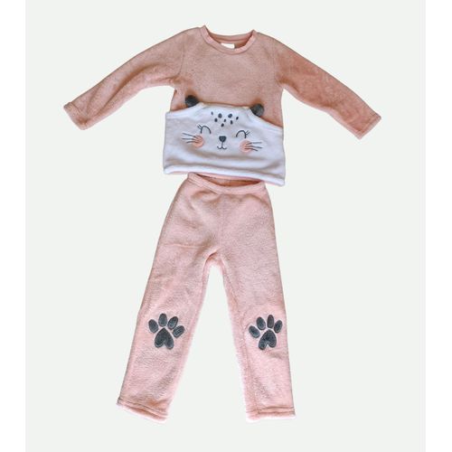Pyjama Poilu Rose Et Blanc Broderie Chat. Poche Kangourou. Influx. Taille 4 Ans