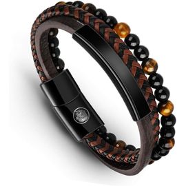 Bracelet Homme - Bracelet Cuir Homme Manchette Tressé À La Main Classique Noir Et Brun Avec Fermoir Magnétique Gravé Cadeau Bijoux Gratuit En Boîte.[V769]