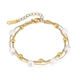 Cadeau Pour Les Femmes Bracelet Perles D #39;Or Pour Femmes Double Bracelet En Perles Pour Femmes Filles, Acier Inoxydable