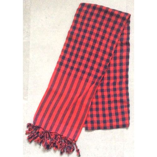 Krama Khmer Traditionnel Rouge Et Noir Echarpe Frange Mixte Coton Tissé Cambodge K2