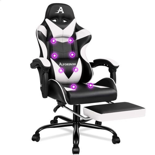 Alfordson Chaise De Massage De Gaming Avec Appuie-Tête, Ergonomique, Repose-Pieds, Pliable, Cuir Synthétique Respirant, Hauteur Réglable, Capacité De Charge De 180 Kg, Blanc