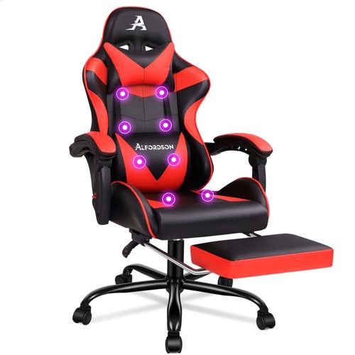 Alfordson Chaise De Massage De Jeu, Chaise De Course, Ergonomique, Avec Repose-Pieds, Pliable, En Cuir Synthétique Respirant, Hauteur Réglable, Capacité De Charge De 180 Kg, Rouge