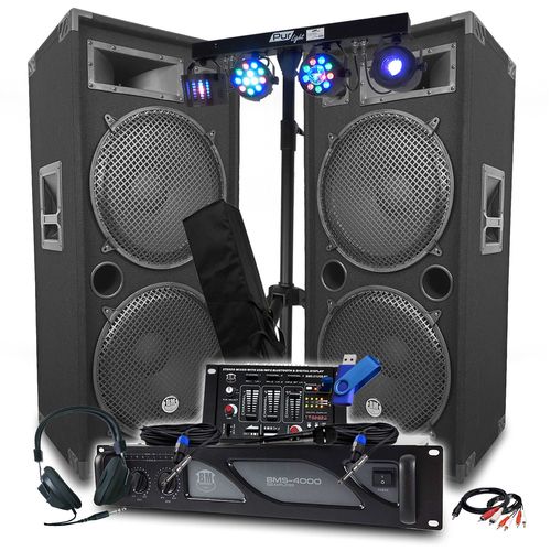 Pack Sono BM SONIC Ampli 4000W, Enceintes LSC215 4x38cm - 2x2000W, Table de Mix, Euphoria Portique+48 effets lumière +Clé 32G