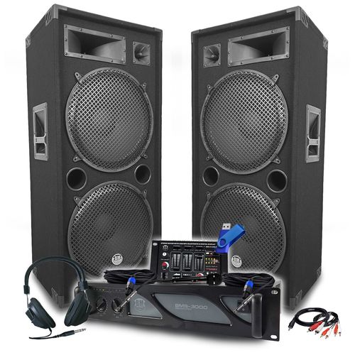 Pack Sono DJ BM SONIC Ampli 3000W, Paire d'Enceintes Passives LSC215 2x2000W, Table de Mixage, Casque DJ, Câbles, Micro+Clé 32G