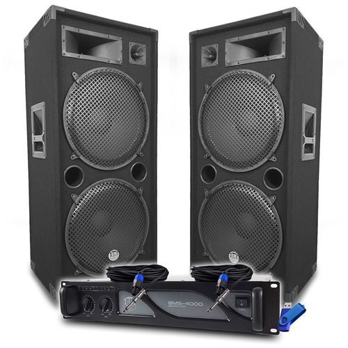 Pack Sono DJ BM SONIC Amplificateur 4000W, Paire d'Enceintes Passives LSC215 2x2000W, Câbles Speakon, Sonorisation PRO+Clé 32G