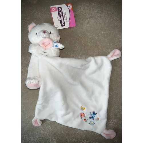 Doudou chat Pommette blanc mouchoir fleurs papillons 
