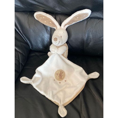 Lapin POMMETTE doudou blanc et beige avec mouchoir soleil 