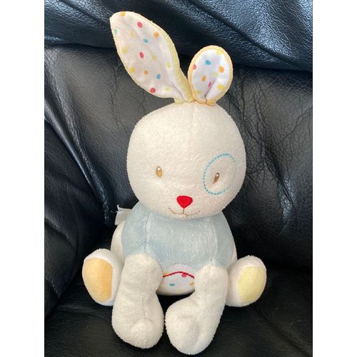 DOUDOU LAPIN BLANC BLEU JAUNE POIS SUCRE D'ORGE 18CM