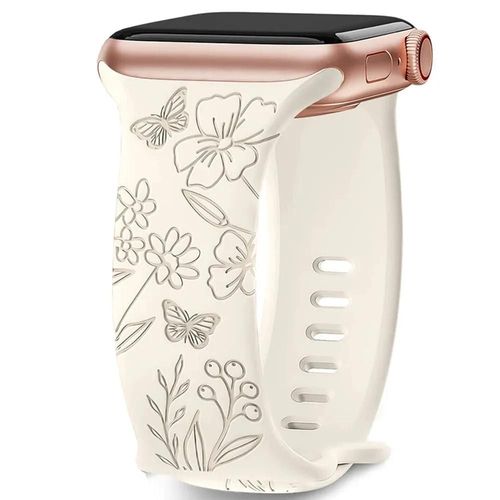 Bracelet Pour Apple Watch Series Ultra 2, 10, 9 8 Se 7 6 5 4 3 2 1 46mm-45mm-44mm-42mm-49mm Silicone Motif Papillon - Blanc - E.F.Connection