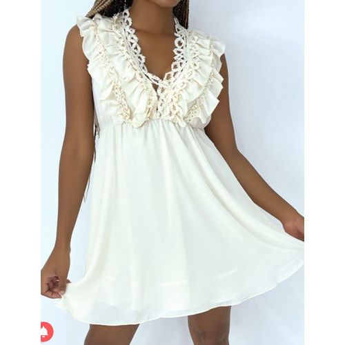 Petite Robe Écru Fluide Avec Détails Volants Et Broderie Sur Le Haut - Taille L - Golden Days Paris