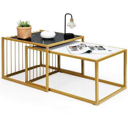 Costway Lot De 2 Tables Basses Gigognes Imprimée Marbre Avec Cadre En Métal Doré Table D'appoint Scandinave Avec Patins Antidérapant