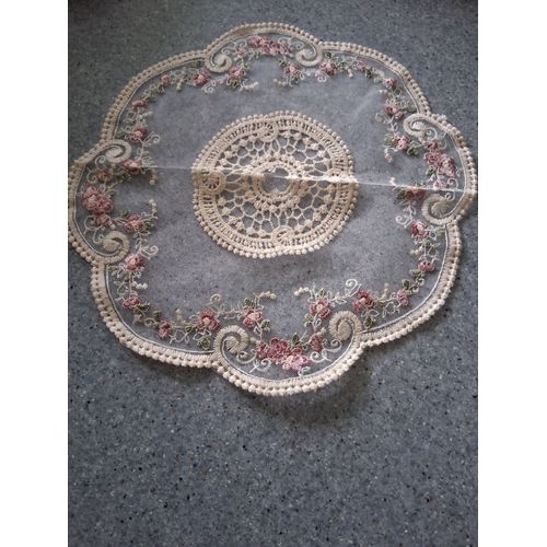 Napperon Rond Dentelle Brodé Floral Beige Et Multicolore