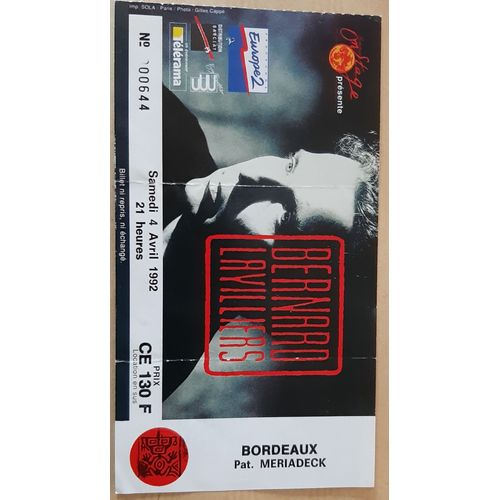 Ticket Billet Place Concert Bernard Lavilliers 1992 Bordeaux