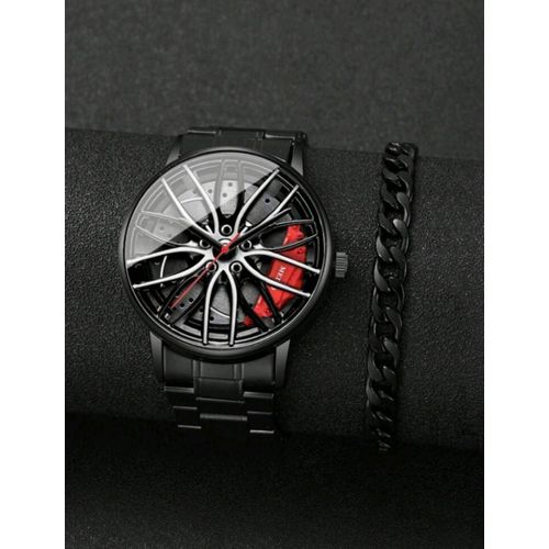 Duo Bracelet Et Montre Jante De Roue Acier Noir