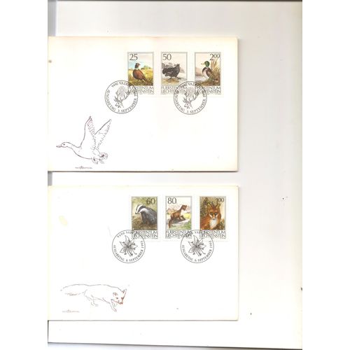 2 Enveloppes Premier Jour 3 Timbres Oblitérés Faune Animaux De Chasse Liechtenstein Yt 938 À 940 Et 1007 À 1009 1990