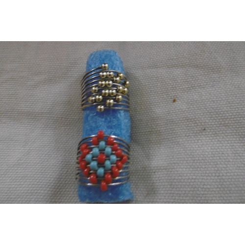 Bague Spirale Métal 8 Cercles 20mm Avec Perles De Rocailles Lot De 2 : 1 Perle Opaques Bleu Clair Et Rouge  Et 1 Perles Argentées Farbel